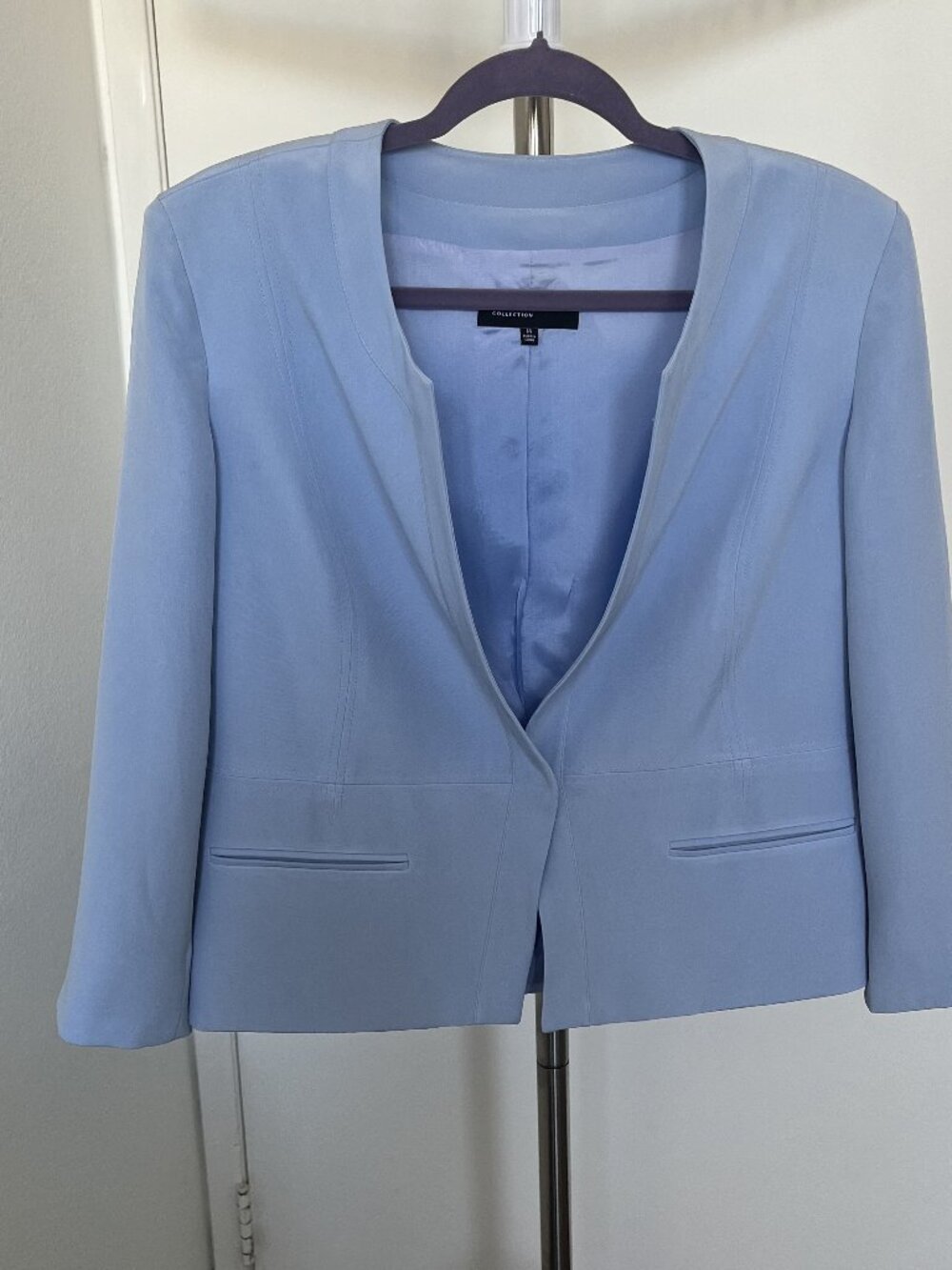 Jones New York Pastel Sky Blue Silk Collarless Jacket Blazer Minimalist Size 14